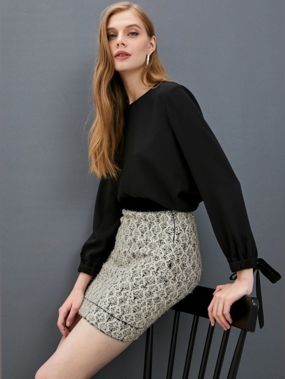 Sandro Lurex Jacquard Knit Mini Skirt in Black Wool New with tags Size XL